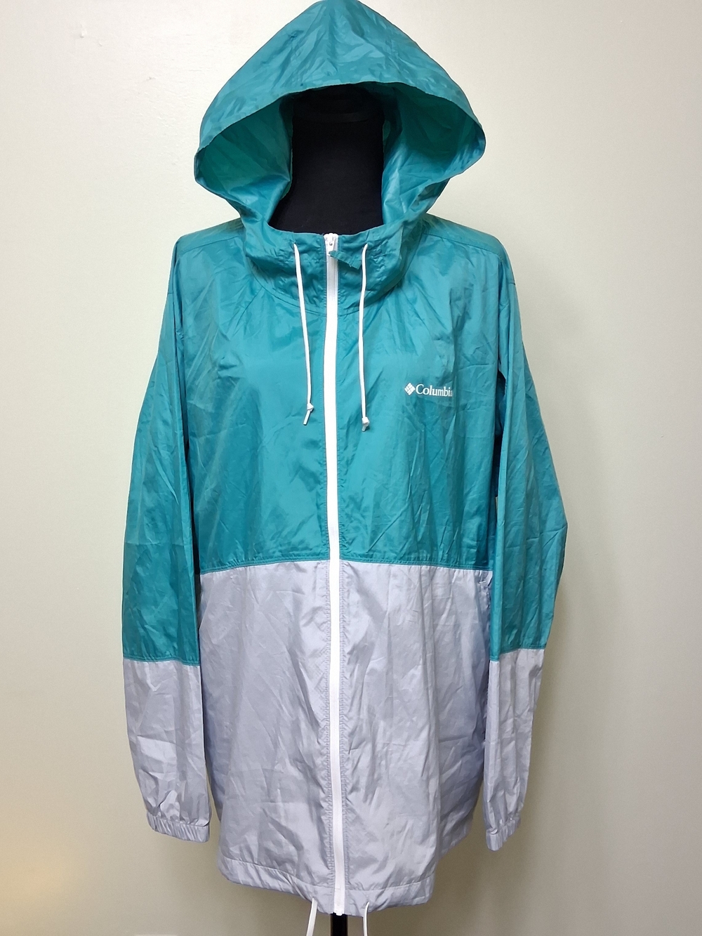 Columbia Teal and Light Gray Hooded Windbreaker Women Jacket XXL